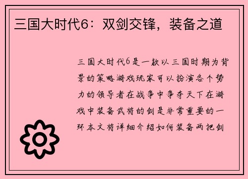三国大时代6：双剑交锋，装备之道