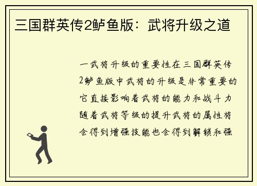 三国群英传2鲈鱼版：武将升级之道