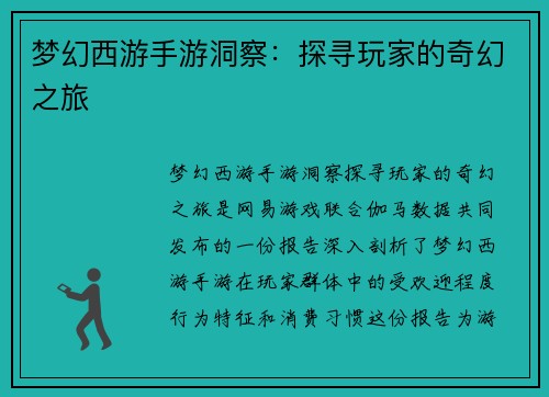 梦幻西游手游洞察：探寻玩家的奇幻之旅